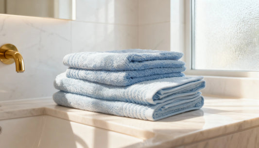 Hochwertiges Handtuch Set in Hellblau auf Marmor – Handtuchshop.ch