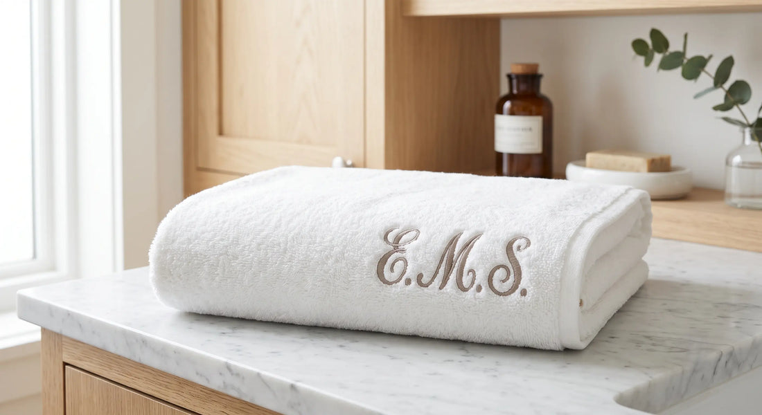 Badetuch mit Namen und Initialen bestickt – Handtuchshop.ch