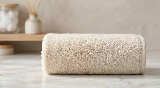 Nahaufnahme eines hochwertigen Frotteetuchs aus 100% Baumwolle – Handtuchshop.ch
