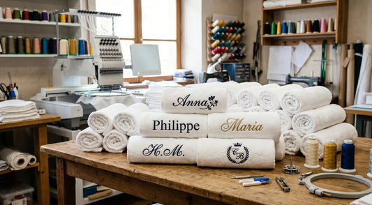Bestickte Handtücher mit Namen Anna, Philippe, Maria und Monogrammen in einer professionellen Stickerei-Werkstatt – Handtuchshop.ch