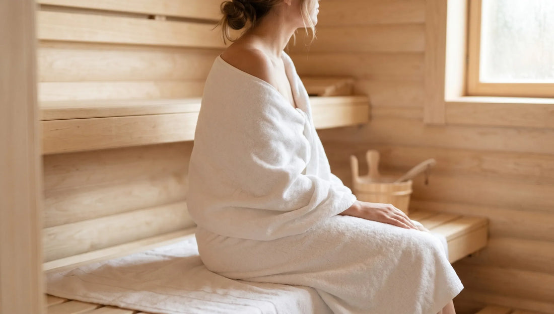 Frau entspannt in der Sauna mit weissem Baumwoll-Saunatuch – Handtuchshop.ch