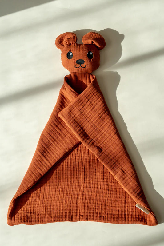 Lingette câline en mousseline avec tête d’ours – Terracotta