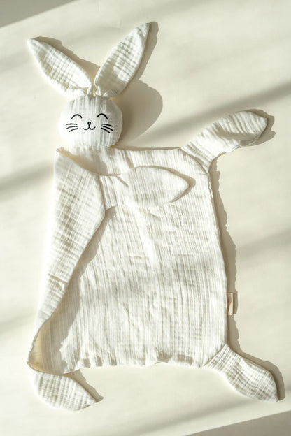 Lingette câline en mousseline avec tête de lapin – Blanc