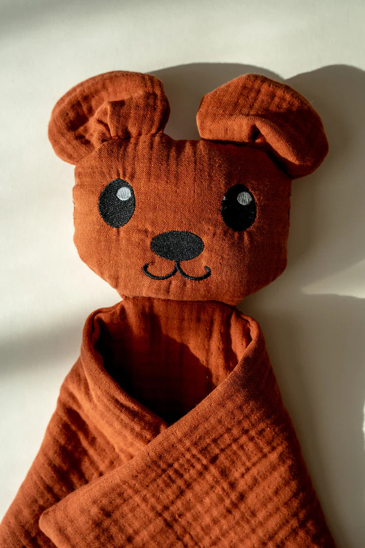 Lingette câline en mousseline avec tête d’ours – Terracotta