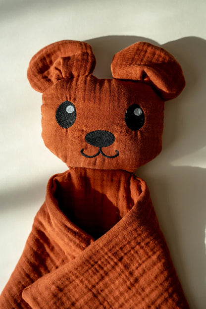 Lingette câline en mousseline avec tête d’ours – Terracotta