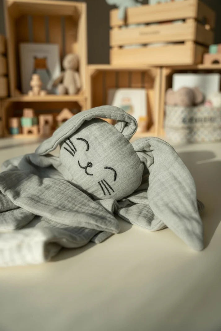 Lingette câline en mousseline avec tête de lapin – Vert sauge