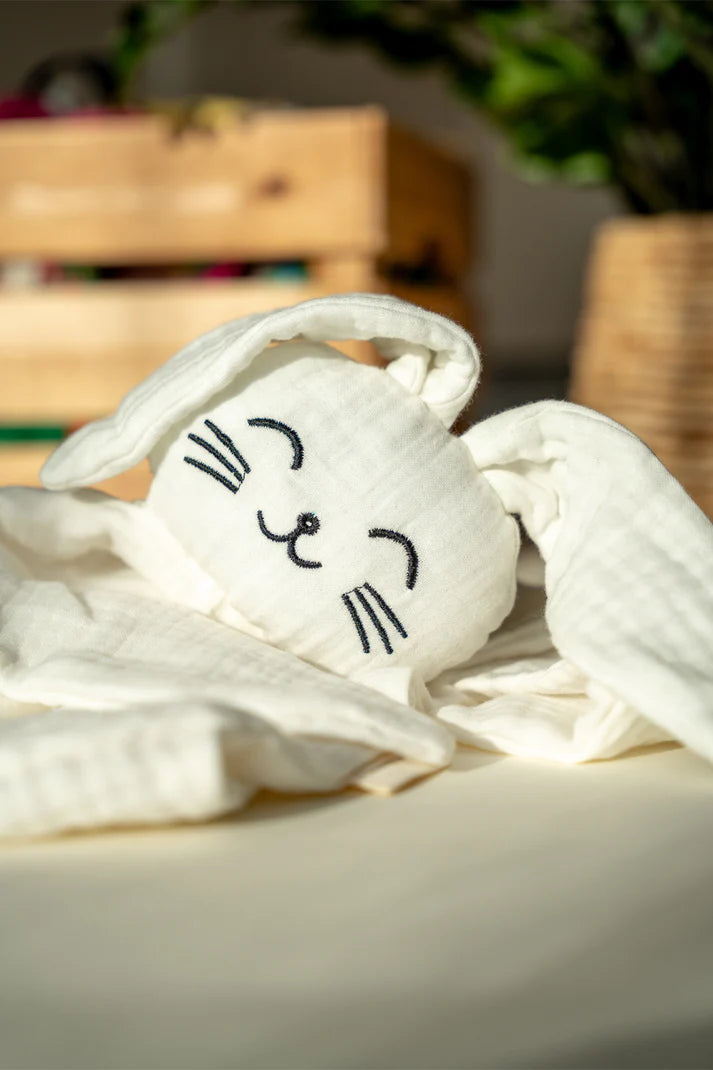 Lingette câline en mousseline avec tête de lapin – Blanc